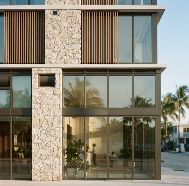 Warm editorial architectural photography of a sunlit modern stone and glass building facade in Pompano Beach, soft natural window light, muted neutral tones, 35mm, shallow depth of field