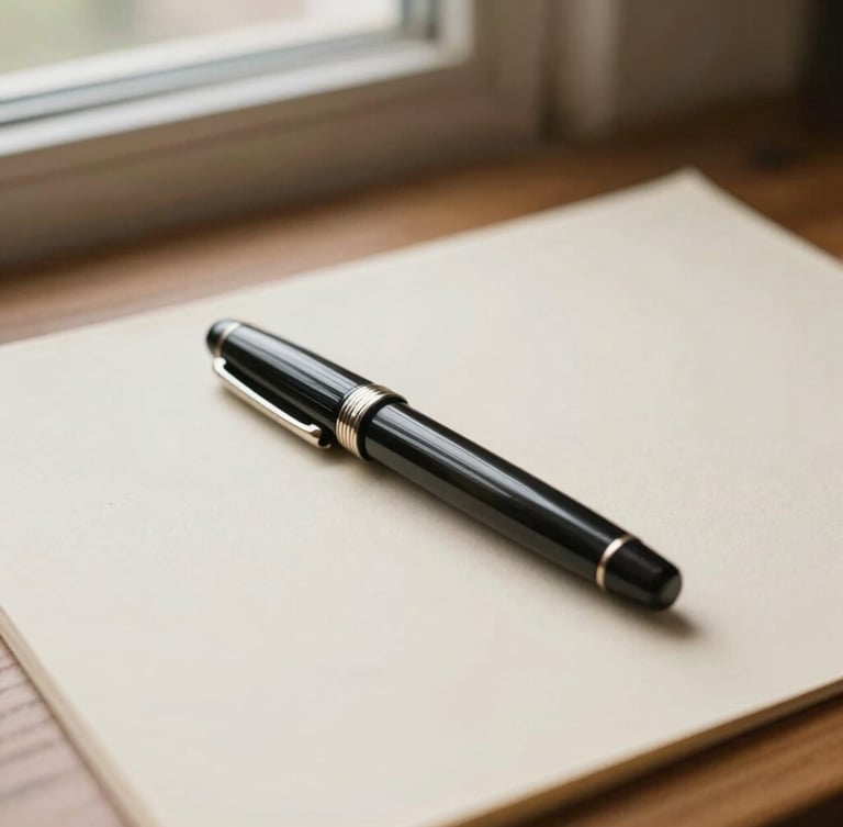 Close-up of a premium fountain pen resting on high-quality cream paper on a wooden desk, soft diffused natural window light, warm editorial photography style, shallow depth of field