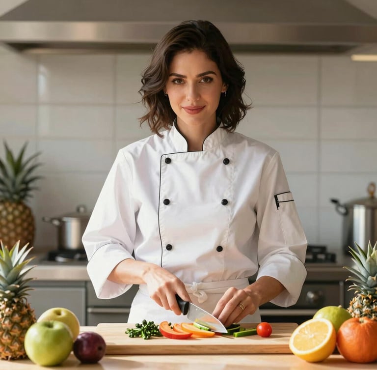 Editorial portrait of chef Ana in a bright kitchen, slicing fresh tropical ingredients, sharp focus, shallow depth of field, warm sun-drenched lighting.