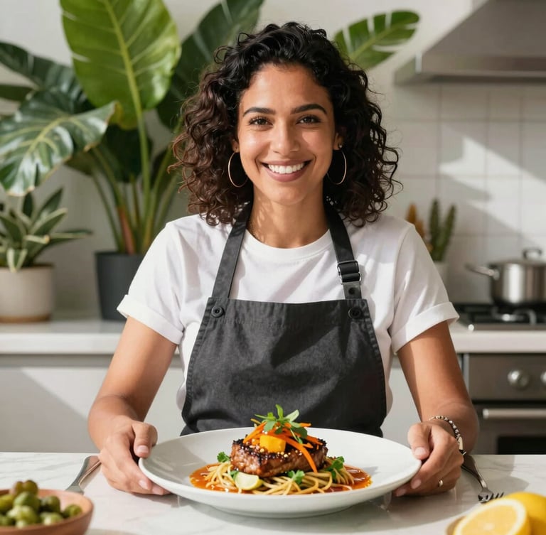 A vibrant, sun-drenched portrait of culinary artist Ana plating a modern Brazilian dish in a bright, clean kitchen with tropical green leaves in the background.