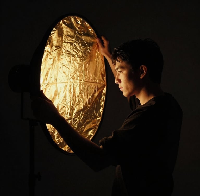 Dramatic high-contrast chiaroscuro studio portrait of a photographer sculpting light with a gold reflector, deep shadows, medium format film aesthetic