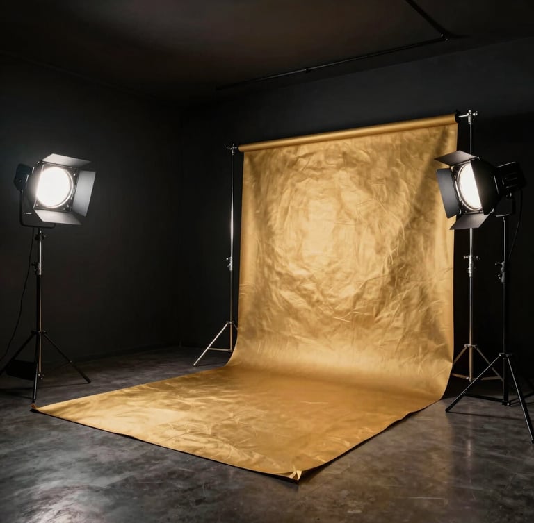 Wide cinematic shot of a high-end luxury photography studio in Mumbai, dark sleek walls, premium lighting gear, a gold backdrop partially visible, dramatic chiaroscuro atmosphere
