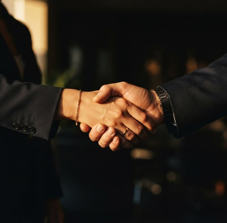 Dignified editorial photograph of hands clasped in cooperation, golden light highlighting the connection, deep shadows, professional and authoritative tone, 35mm lens, wide shot.