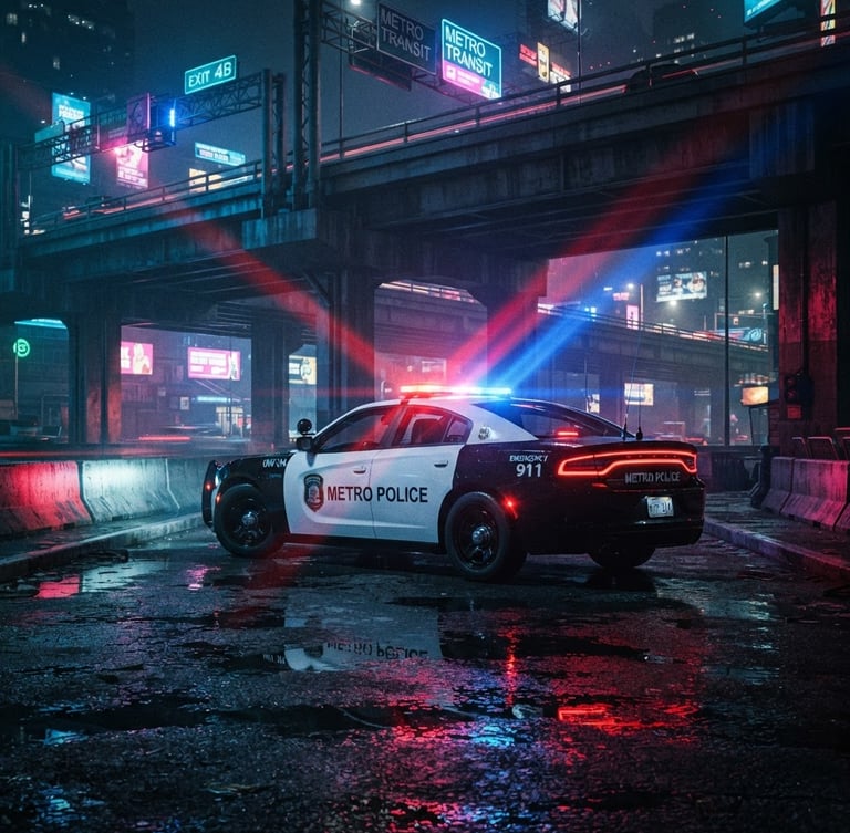 Cinematic game photography of a modern police cruiser parked under a neon-lit overpass at night, red and blue emergency strobes casting sharp volumetric light beams across wet asphalt, high-contrast tactical atmosphere, 35mm