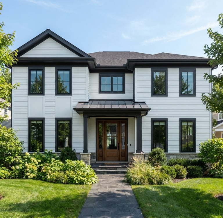 Straight-on medium shot of a freshly painted modern home exterior, crisp white siding, clean charcoal trim, bright natural daylight, sharp focus
