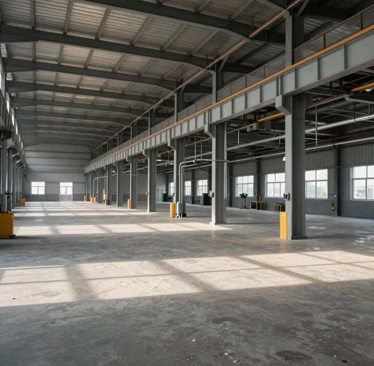 Wide environmental shot of a modern, sunlit industrial workshop with clean lines, concrete floor, and structural steel beams under soft daylight.