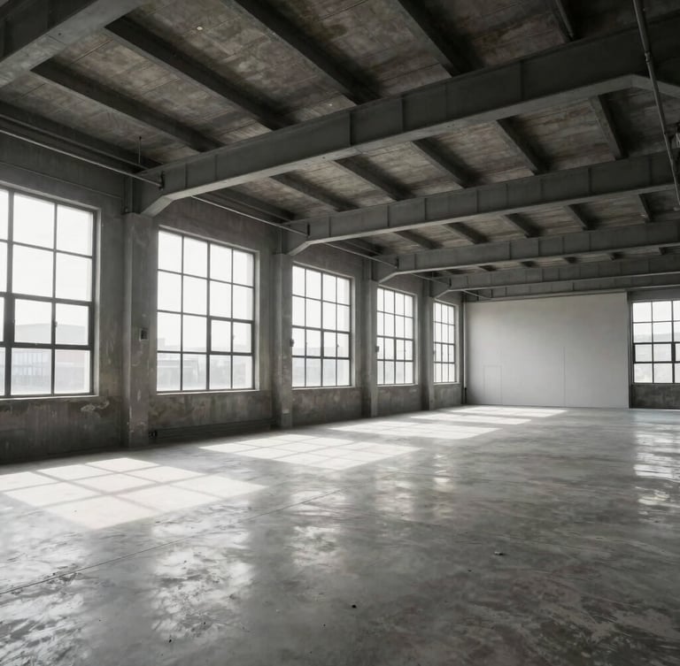 Wide architectural shot of a modern, clean industrial workspace with natural light streaming through high windows, concrete floors, and steel beams, minimalist composition.