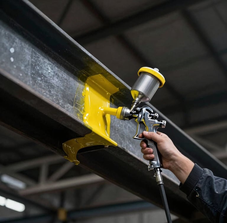 Close-up of a professional airless spray gun applying a thick, uniform yellow protective coating onto a massive dark steel structural beam, industrial environment, dramatic lighting, 35mm lens