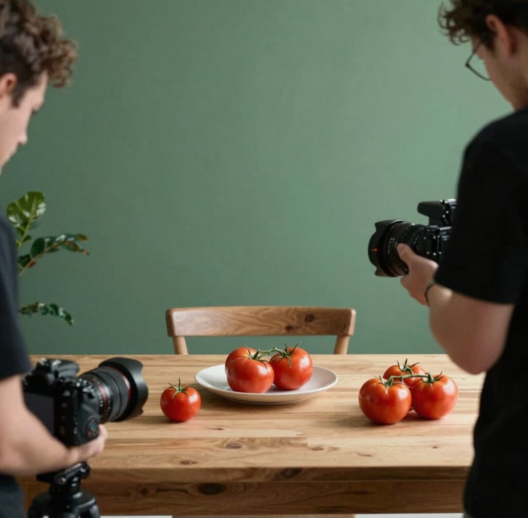 Behind the scenes agency work, creative team planning a food photoshoot on a wooden table, camera gear and fresh tomatoes visible, soft side-lighting