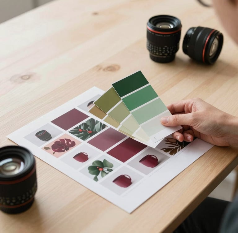 Behind-the-scenes agency work, a creative team planning a social media grid layout on a clean wooden table, hand holding a color swatch, soft natural side-light.