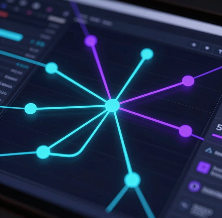 Extreme close-up of a node-based digital editing interface, glowing cyan and violet connection lines, high-contrast neon backlighting, deep obsidian background