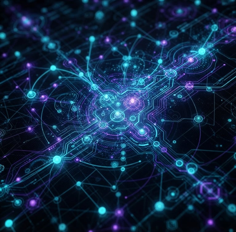 Extreme close-up of a sleek dark-mode digital interface, glowing cyan and violet nodes, high-tech motion graphics, 3d render, cinematic lighting