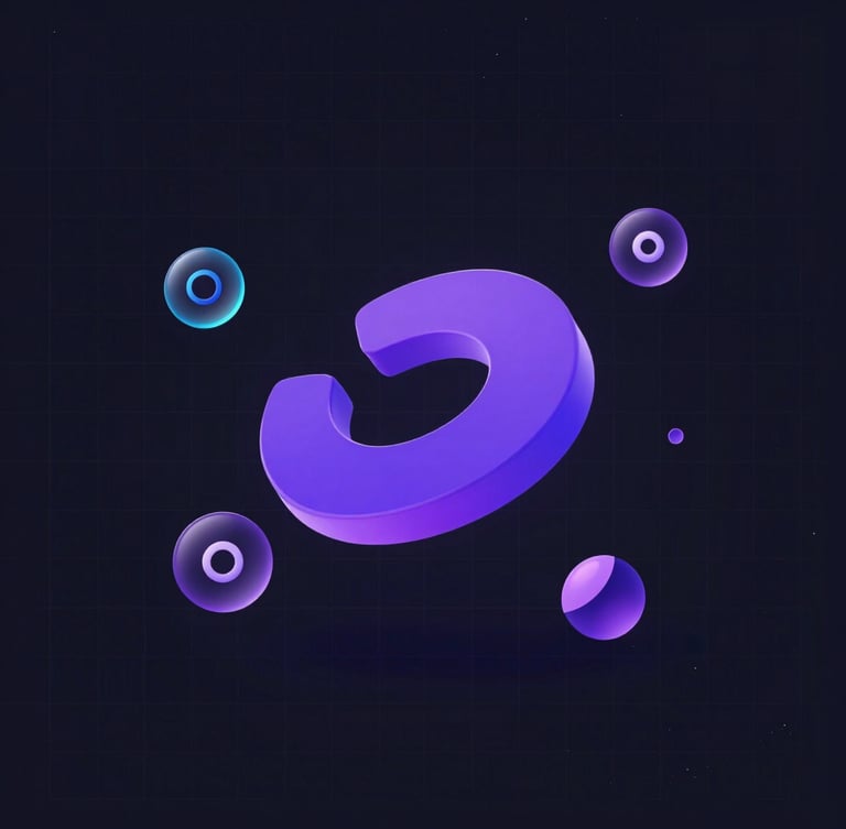 Sleek dark-mode user interface mockup, glowing violet accents, crisp typography, 3D rendered abstract shapes floating over a clean grid