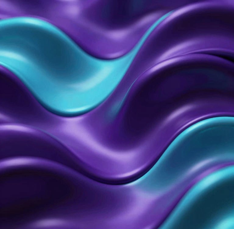 Extreme close-up of fluid 3D simulation, metallic purple and electric cyan waves, high-contrast studio lighting, sleek digital art