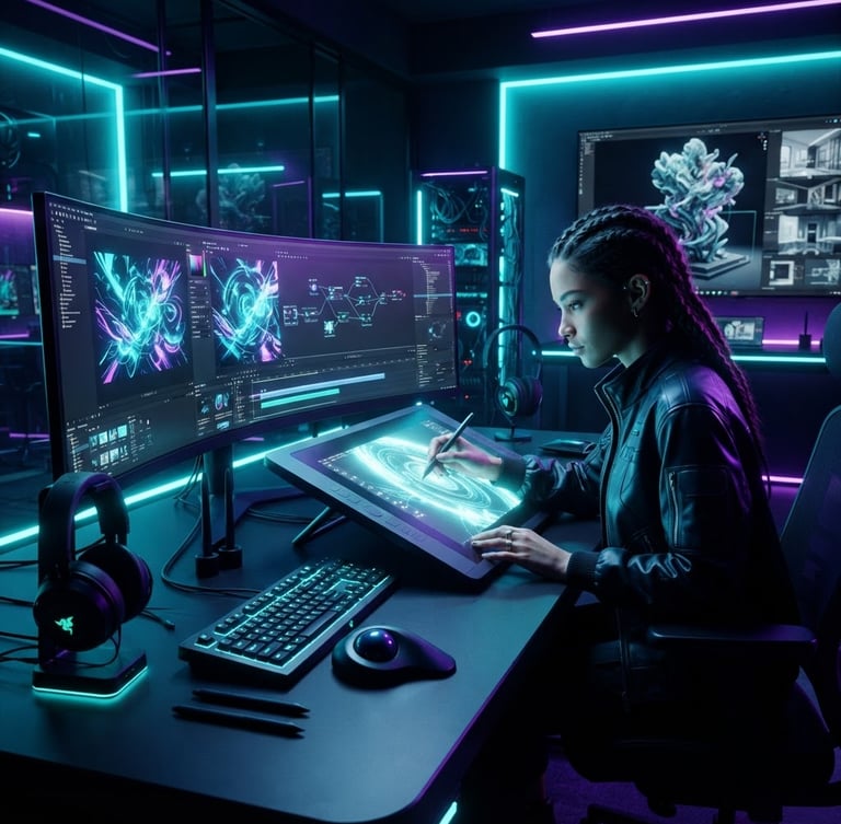 Cinematic AI-generated video still of a futuristic digital artist studio, dramatic neon backlighting, deep obsidian shadows, high-contrast cyan highlights