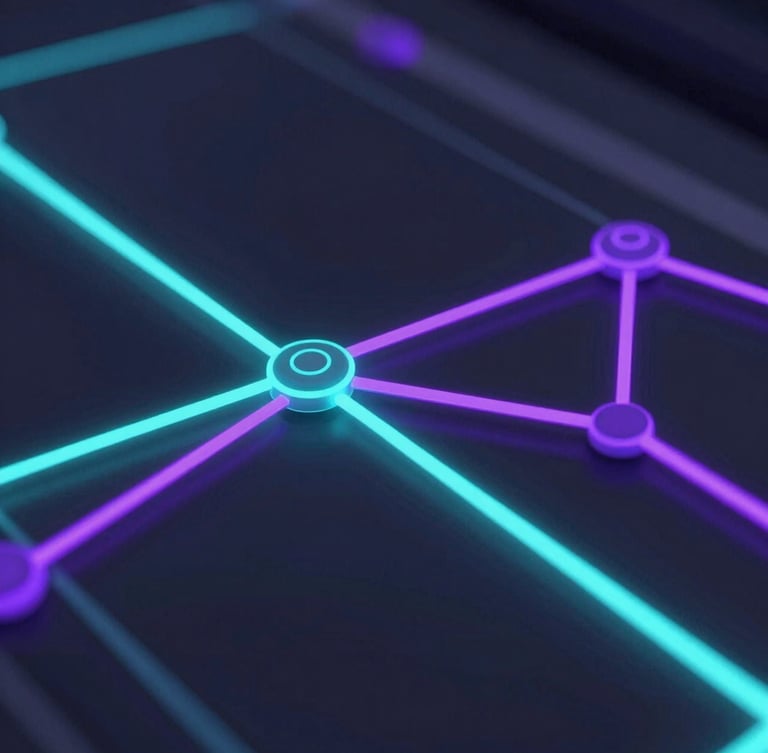 Extreme close-up of a node-based editing interface, glowing cyan and violet connection lines, crisp digital UI elements, dark mode aesthetic, 3d render