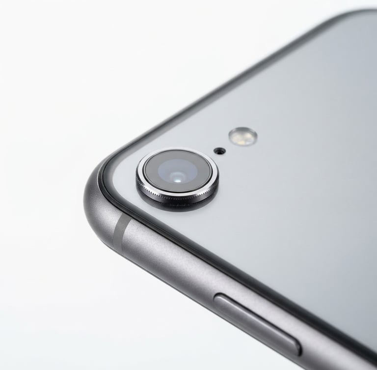 bright high-key product photography, seamless white backdrop, crisp studio light, macro details, 85mm lens, close-up of a pristine smartphone edge and camera lens