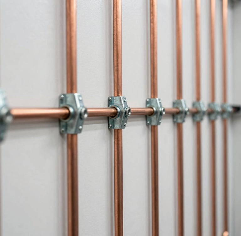Close-up of clean, parallel copper lines running along an industrial wall, secured by heavy-duty galvanized steel clamps, professional HVAC craftsmanship.