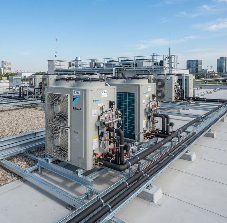 Crisp commercial photography of a modern VRF installation on a clean industrial rooftop, bright neutral daylight, sharp technical details, blue sky background.