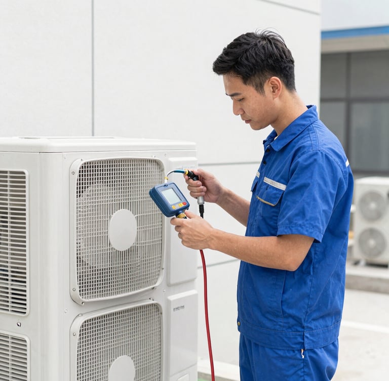 A professional HVAC engineer in a clean branded uniform using a digital manifold to service a commercial Inverter unit, bright neutral daylight, sharp technical details.