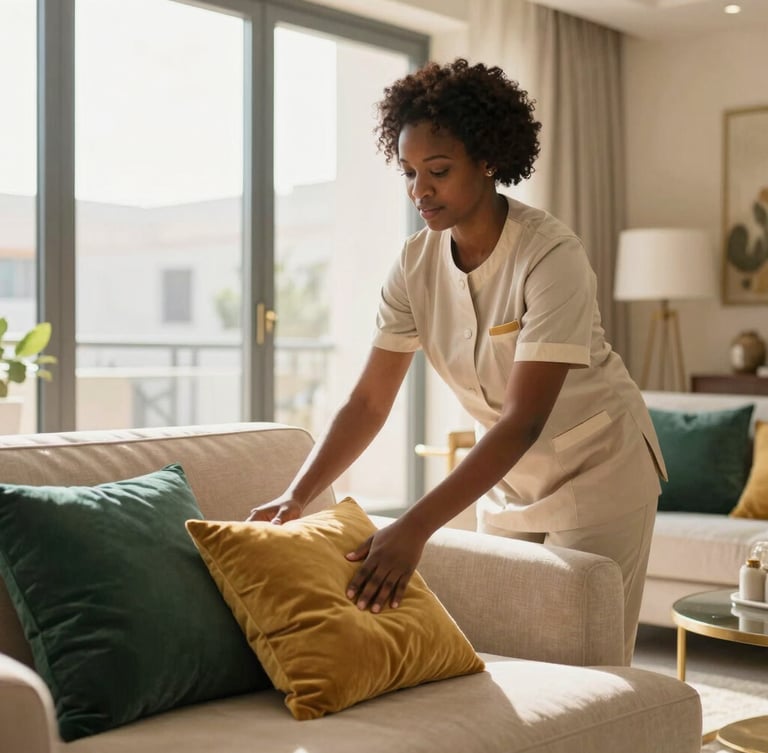 A professional African domestic worker in a neat, clean uniform arranging cushions on a sofa in a bright, modern Riyadh living room, warm natural daylight streaming through a large window, elegant beige and emerald green interior tones, shallow depth of field, warm editorial photography style.