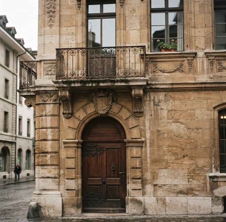 Architectural detail of classic Geneva stone building facade, warm editorial photography, soft overcast daylight, 35mm
