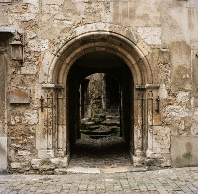 Architectural detail of an ancient stone archway in Geneva, soft overcast daylight, desaturated earth tones, 35mm