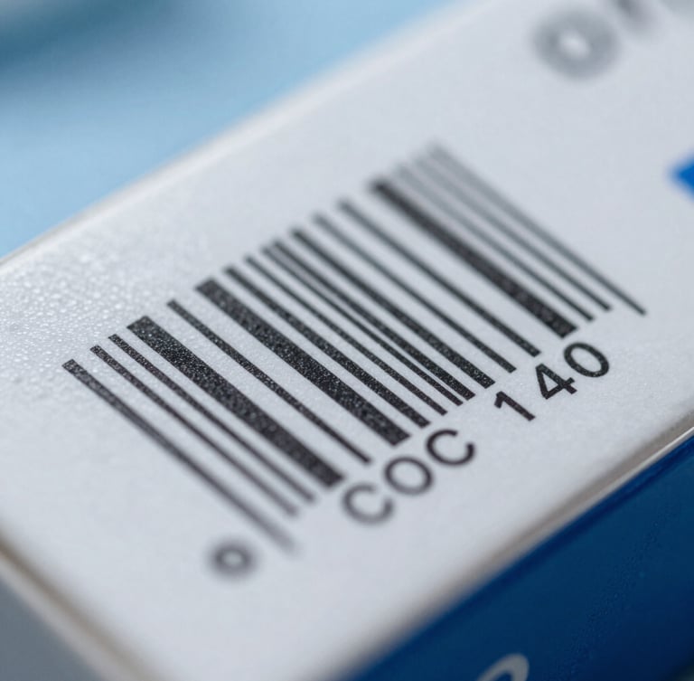 Macro close-up of a sealed pharmaceutical box with a high-contrast batch tracking barcode, sterile white and blue packaging, sharp focus under cool clinical lighting.