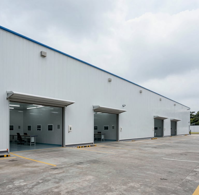 High-contrast architectural shot of a sterile pharmaceutical logistics hub in Mumbai, cool overcast daylight, secure transport docks, clean-room environment, no people.