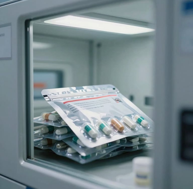 High-resolution close-up of sealed, branded pharmaceutical packaging inside a clean-room logistics hub, cool sterile lighting, architectural framing.