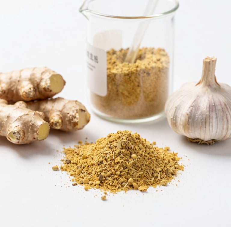 Bright high-key product photography of pure ginger and garlic powders in clean glass laboratory beakers, soft natural daylight, sharp focus