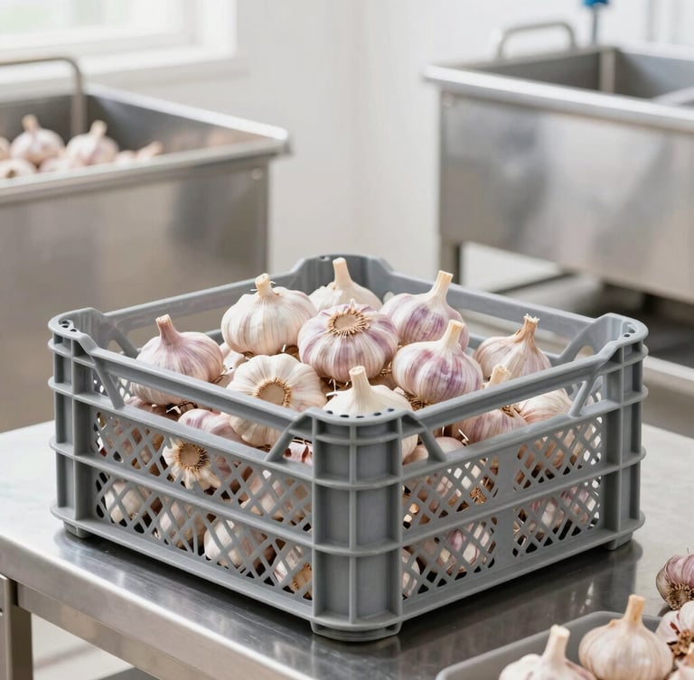 A clean, modern stainless-steel processing environment with agricultural crates of fresh garlic, bright natural daylight, industrial hygiene focus