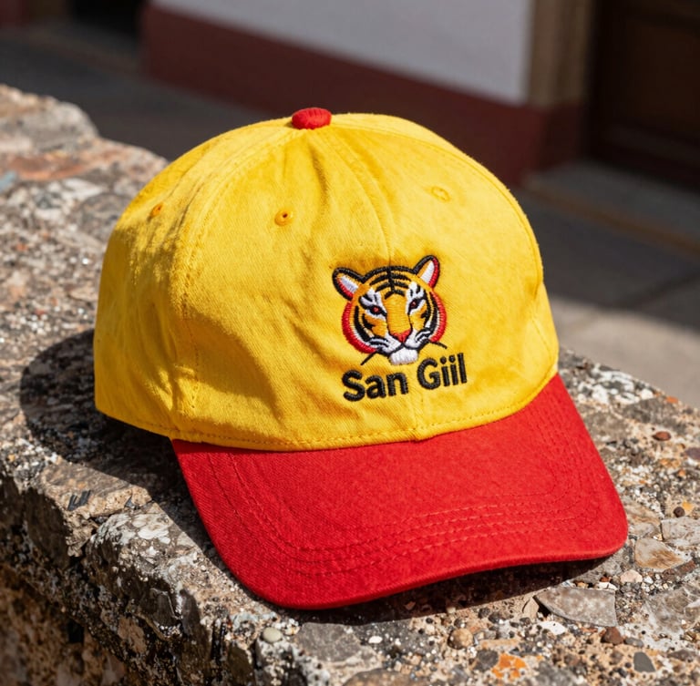 Close-up of a vibrant yellow and red tiger cap sitting on a rustic stone ledge in San Gil, bright Colombian sunlight, sharp focus on embroidery, 35mm