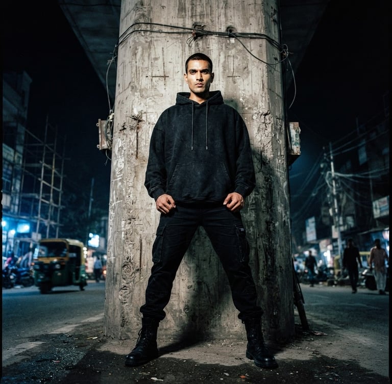 Low-angle heroic shot of a model wearing an oversized heavy-weight black hoodie, standing against a raw textured concrete pillar in New Delhi, high-contrast direct flash, deep shadows, 35mm film aesthetic.