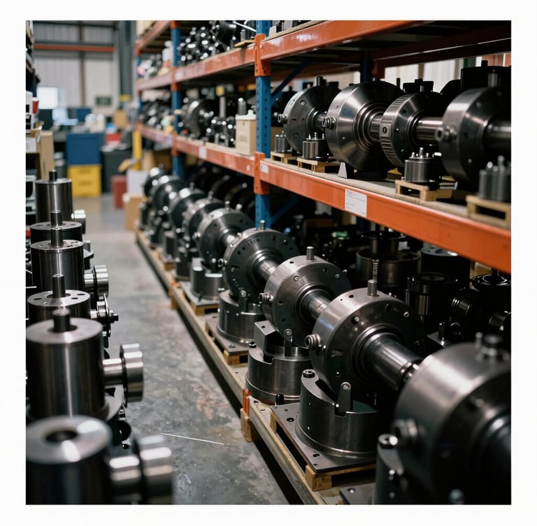 Portrait-oriented industrial photograph of a well-organized warehouse interior, aisles of heavy-duty machinery parts, metallic textures, high-contrast lighting, 35mm.