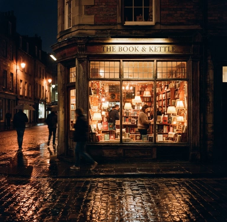 Warm street photography of a cozy independent corner shop window at night, glowing interior light spilling onto wet pavement, rich saturated tones, 35mm film style