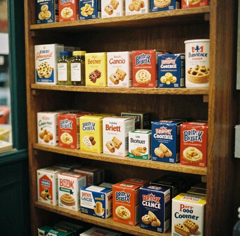 Close-up of a neatly stocked shelf of classic British snacks and daily essentials inside a warm, cozy corner shop, soft lighting, rich saturated tones, 35mm film aesthetic