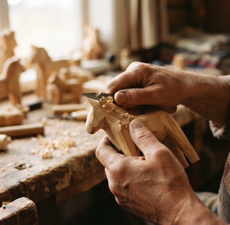 Close-up of warm hands gently carving a wooden toy horse, soft natural window light reflecting on pine wood grain, warm editorial photography, 35mm