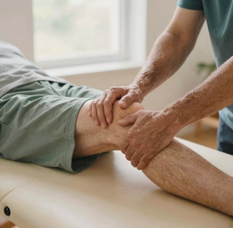 Close-up of a physiotherapist's hands gently guiding an elderly patient's knee movement on a portable therapy table, soft natural window light, warm sand and sage green tones, intimate framing, 35mm