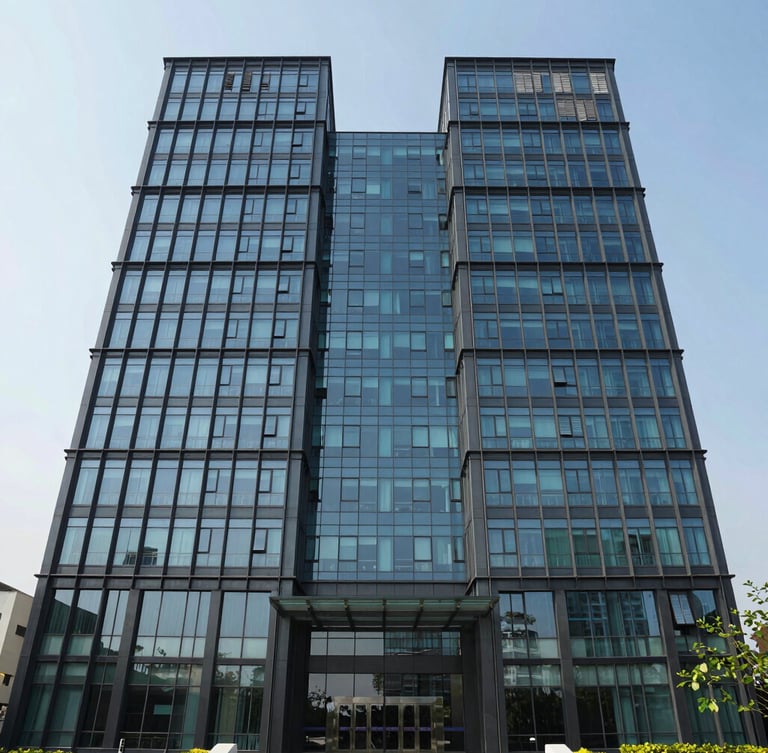 Symmetrical exterior elevation of a modern glass and steel commercial building in IT City Mohali, bright natural daylight, architectural photography