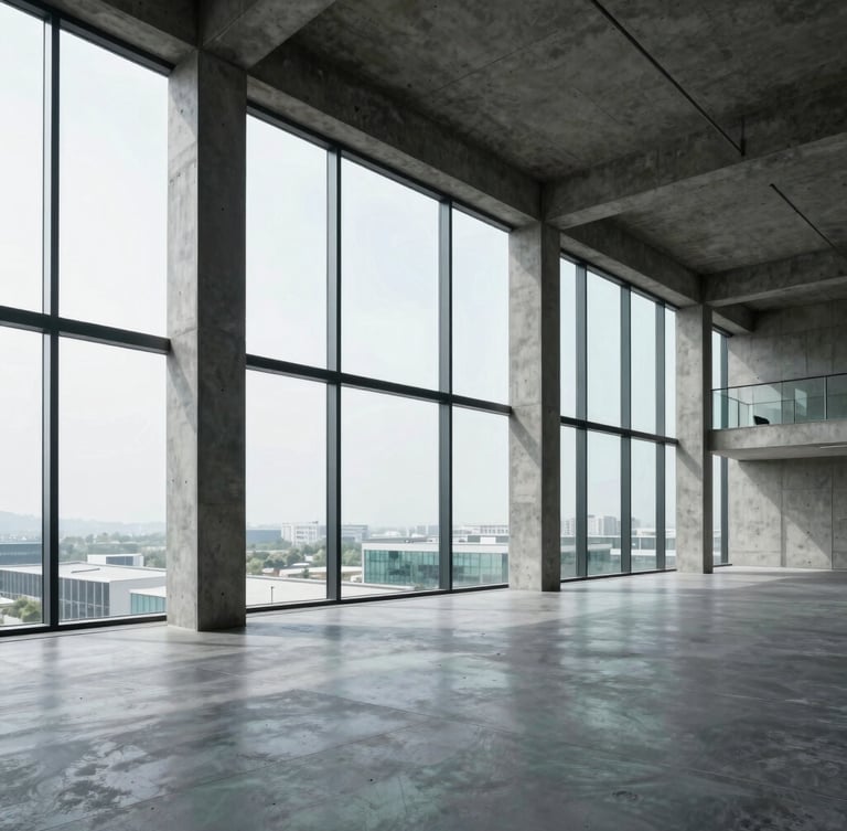 Wide-angle architectural view of an empty raw concrete office shell with massive floor-to-ceiling windows and bright natural daylight, clean structural columns, cool charcoal tones.