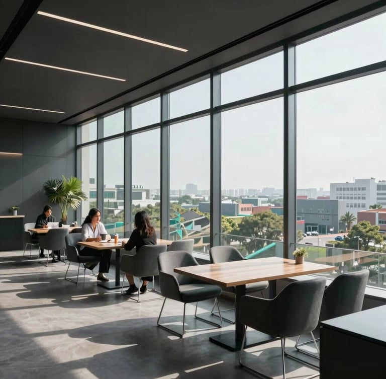 Bright, natural daylight streaming through floor-to-ceiling windows of a modern collaborative office lounge in Mohali, cool charcoal tones, wide-angle lens