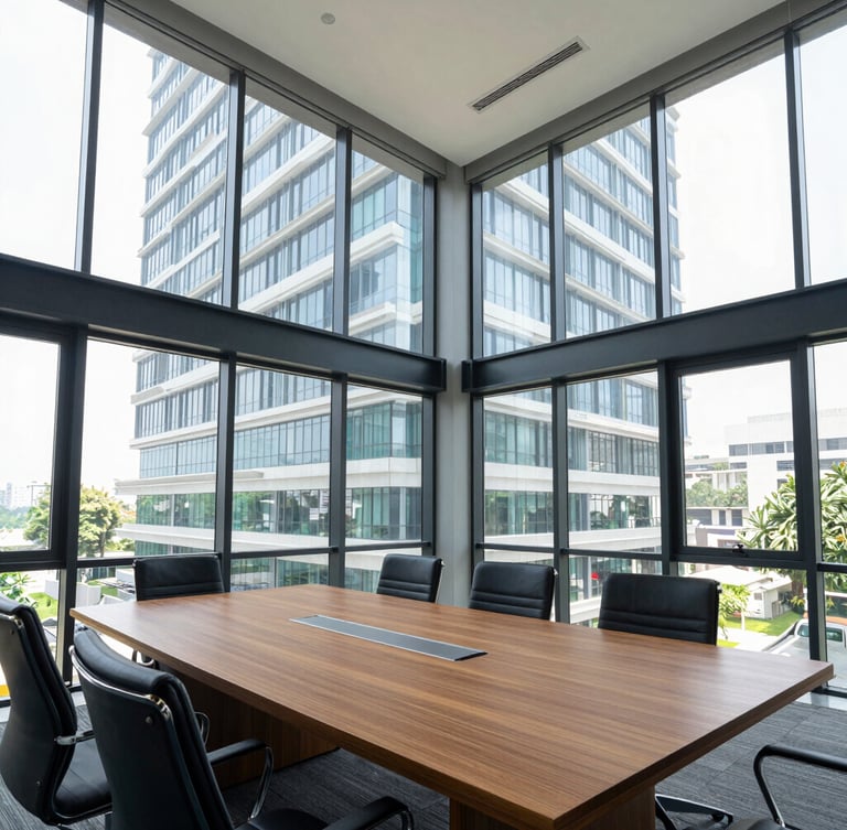 Wide-angle architectural photograph of a modern glass-walled boardroom in Mohali IT City, bright natural daylight streaming through floor-to-ceiling windows, sharp focus on premium oak conference table
