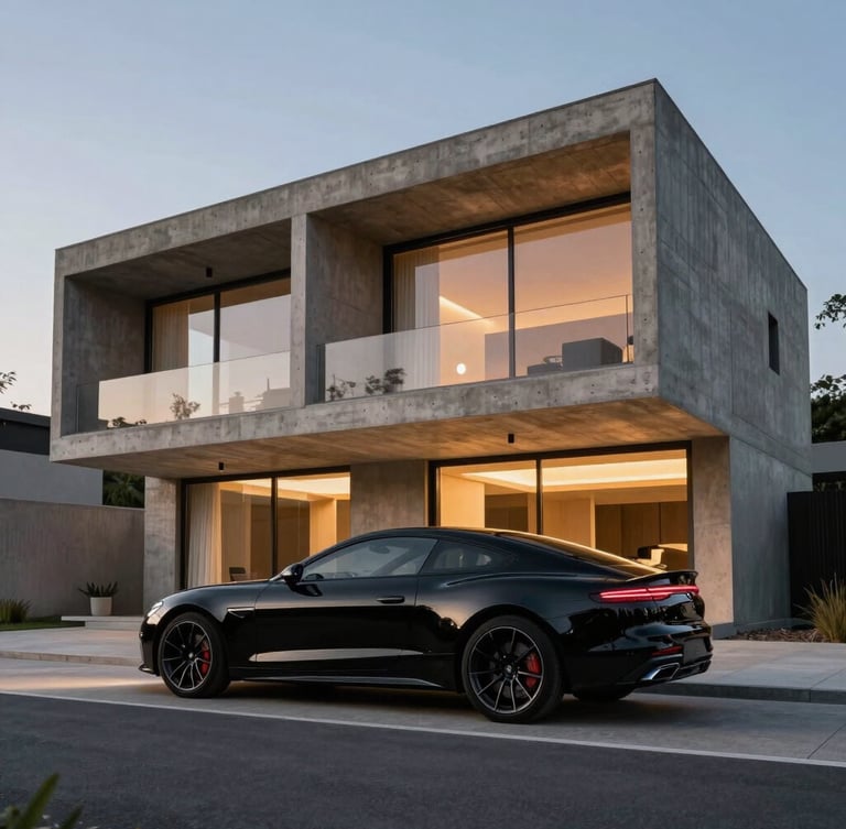 Wide panoramic low-angle shot of a brutalist concrete villa at dusk, a sleek black modern luxury coupe parked in the foreground, dramatic architectural shadows, warm interior glow.