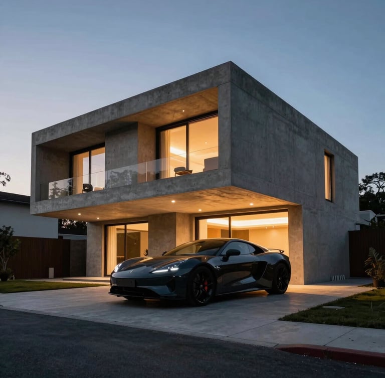 Low-angle architectural exterior of a concrete modernist villa at dusk, warm interior lights glowing, a sleek dark automotive silhouette parked in the driveway, dramatic shadows.