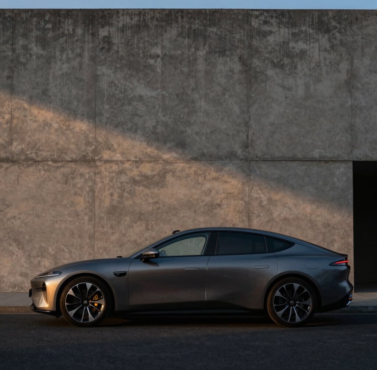 Low-key dramatic profile of a luxury electric sedan parked beside a textured concrete architectural wall at dusk, sharp shadows.