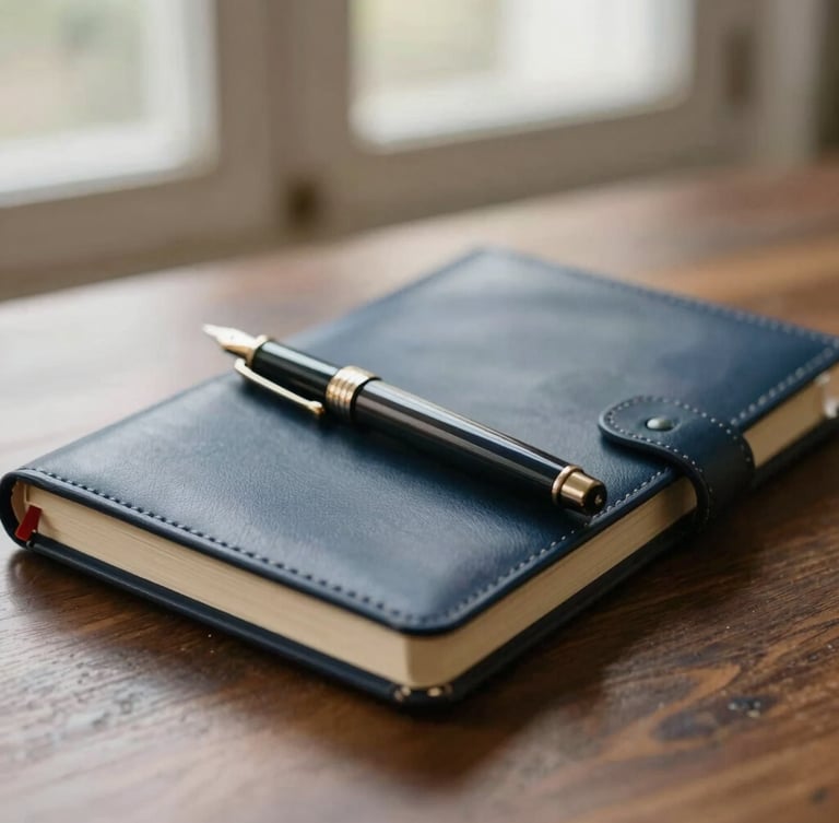 Close-up of a fountain pen and a high-quality leather notebook on a dark oak table, soft side lighting from a window, warm champagne accents, shallow depth of field
