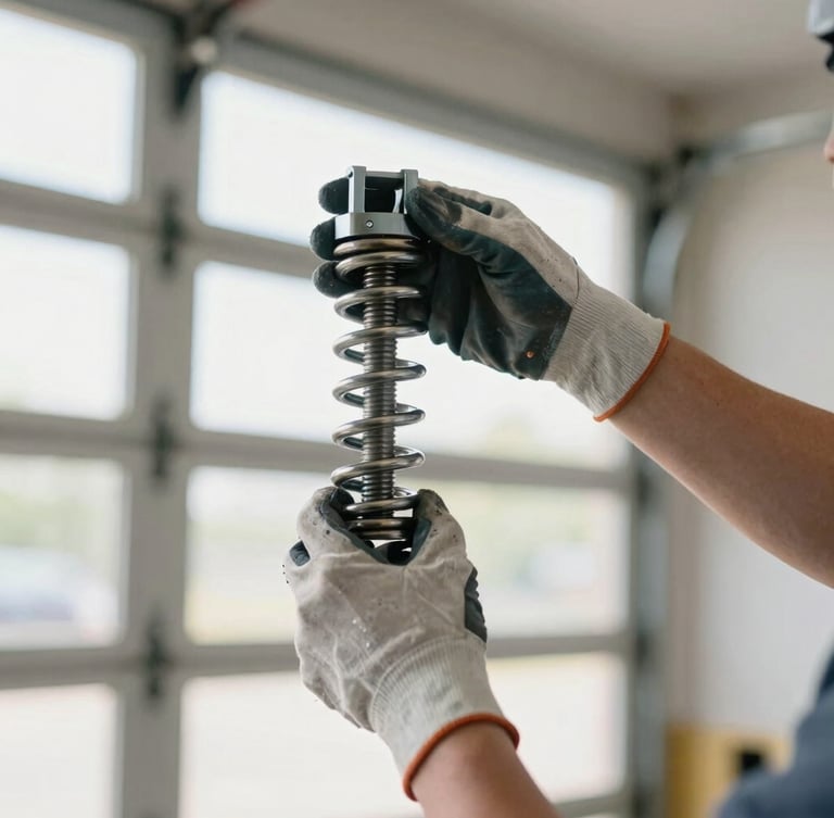 Close-up of a technician's hands, wearing work gloves, expertly adjusting a heavy-duty steel torsion spring on a garage door, bright garage interior lighting, sharp focus.