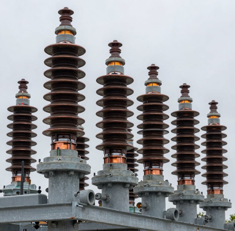 Close-up of heavy copper transformer windings and industrial ceramic insulators, overcast outdoor lighting, cool slate gray and safety amber tones, sharp technical detail, 50mm lens, industrial editorial photography