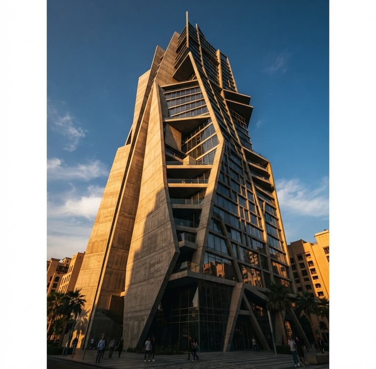 Low-angle architectural photograph of a modern geometric concrete and glass tower in Dubai, dramatic side-lighting casting deep shadows, warm sand tones.